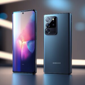 Le Samsung Galaxy S25 Ultra sur une table, montrant son écran AMOLED allumé et son module caméra arrière sophistiqué