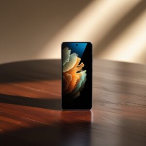 Smartphone Samsung Galaxy S23 allumé sur une table en bois, affichant un écran AMOLED éclatant.