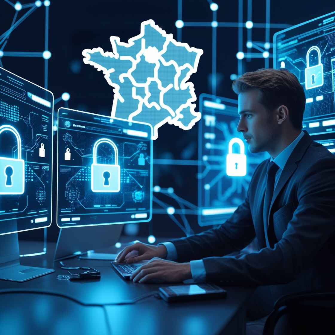 Un expert en cybersécurité travaillant sur plusieurs écrans dans un centre de supervision informatique.