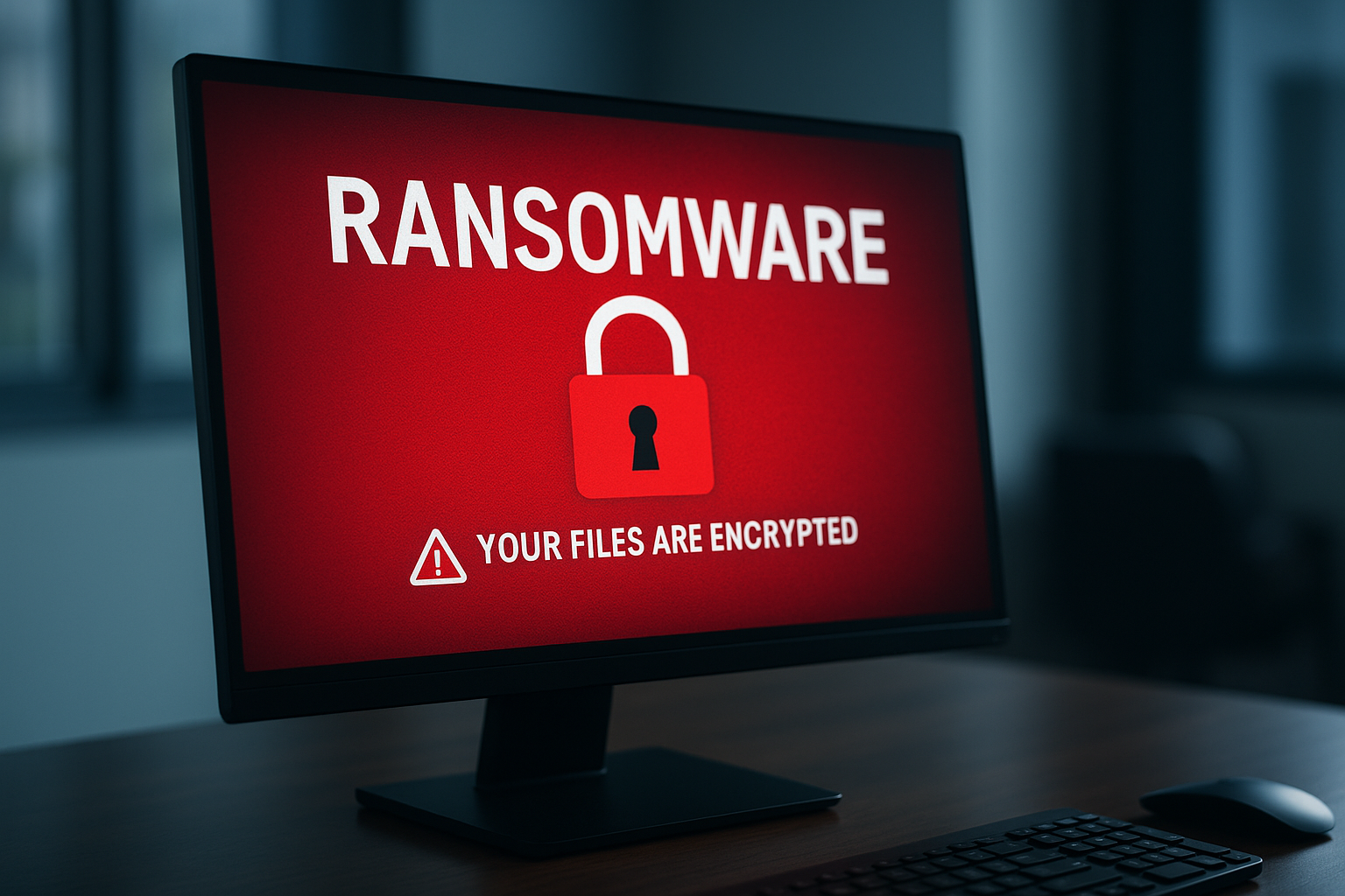 Alerte ransomware sur un écran d’ordinateur avec cadenas rouge