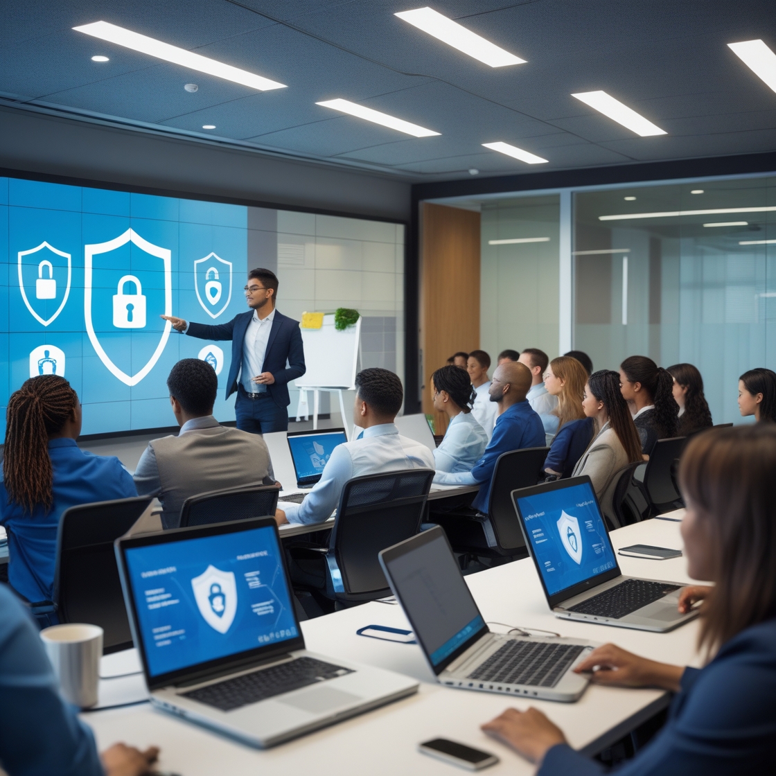Employés suivant une formation en cybersécurité en entreprise