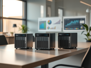NAS Synology DS920+ sur un bureau moderne, solution de stockage haut de gamme pour professionnels en 2025/26