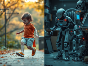 Un robot confronté à une tâche motrice simple, illustrant le paradoxe de Moravec dans l’intelligence artificielle