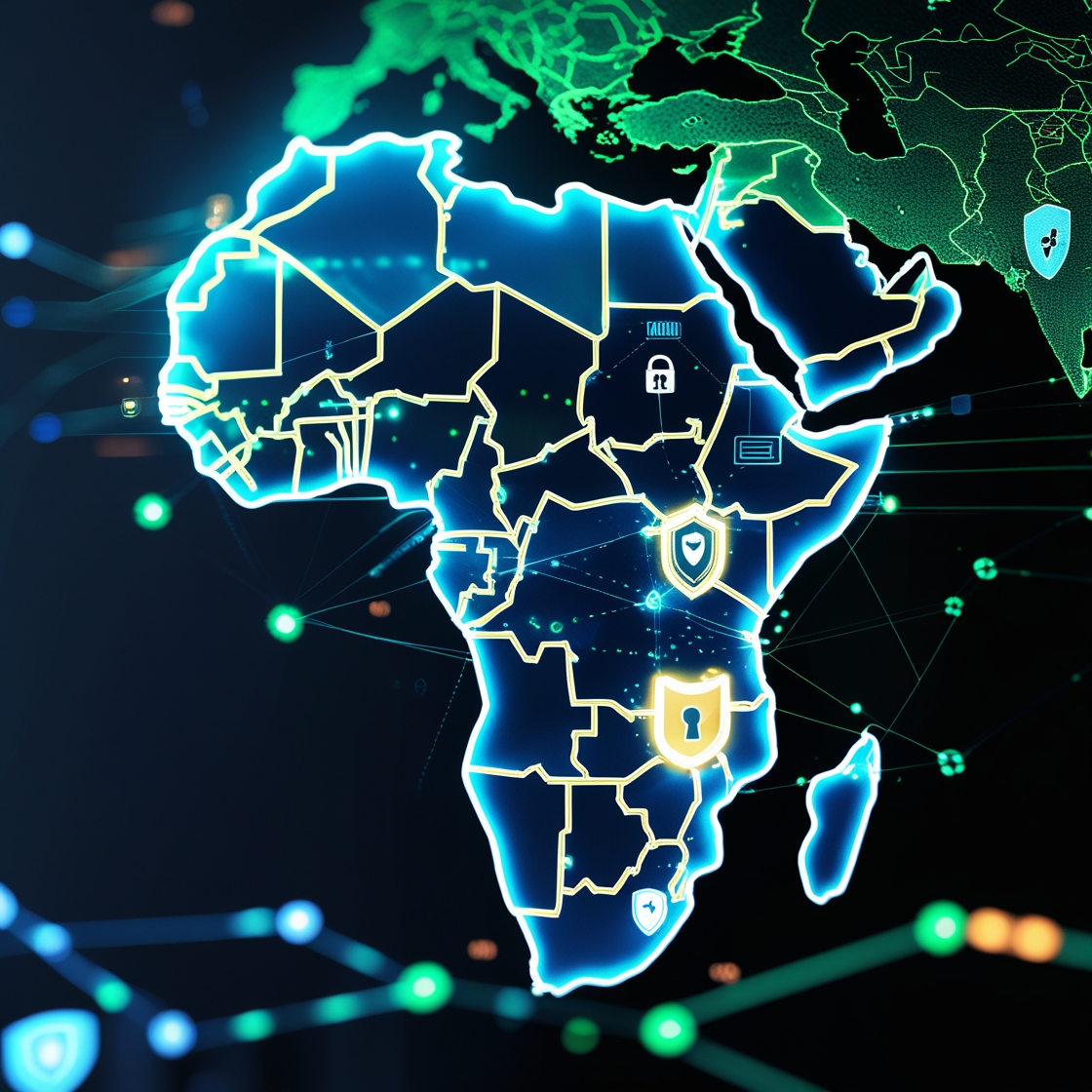 Carte numérique de l’Afrique avec réseaux interconnectés et symboles de cybersécurité