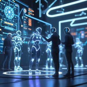 Agents intelligents collaborant dans un espace numérique futuriste, illustrant le protocole MCP
