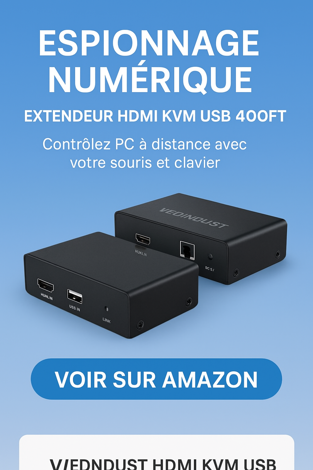 Extendeur KVM HDMI VEDINDUST avec câble RJ45 pour contrôle à distance en Full HD 1080p, clavier et souris supportés, distance 120 mètres.