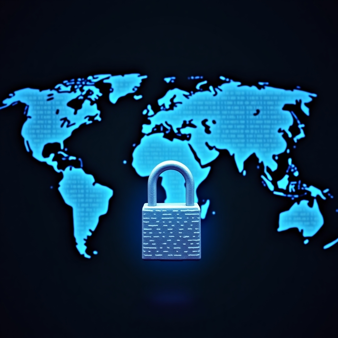 Verrou numérique devant une carte du monde en binaire représentant la cybersécurité globale