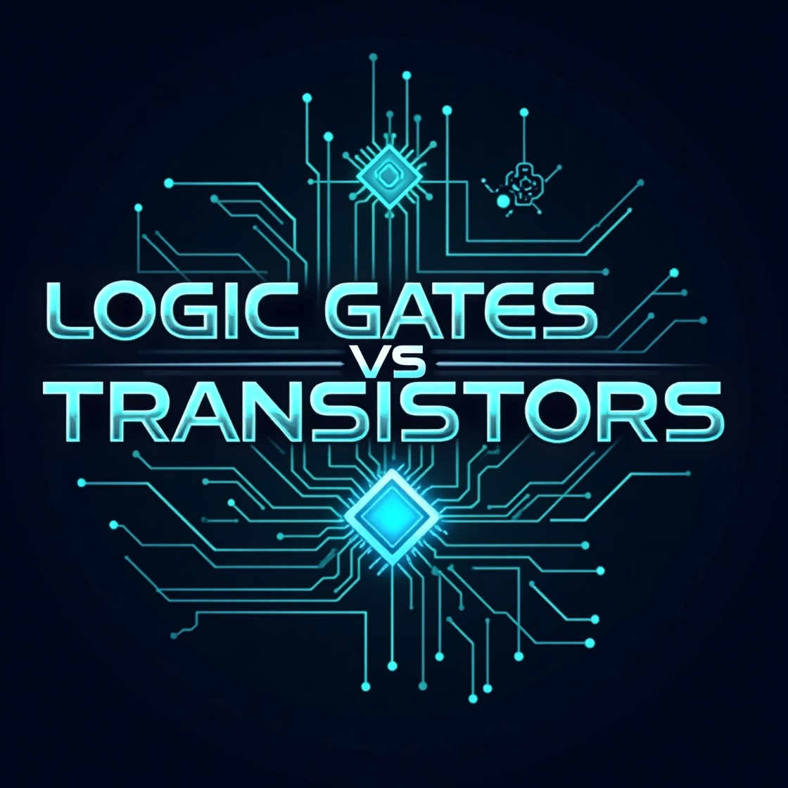 Illustration contrasting logic gates and transistors with a tech-inspired design featuring circuit patterns and glowing elements.
