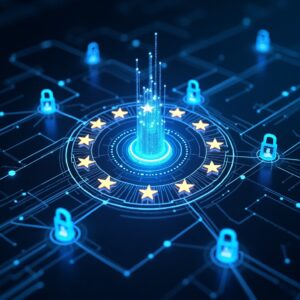 illustration du parlement européen entouré d’éléments numériques symbolisant la cybersécurité