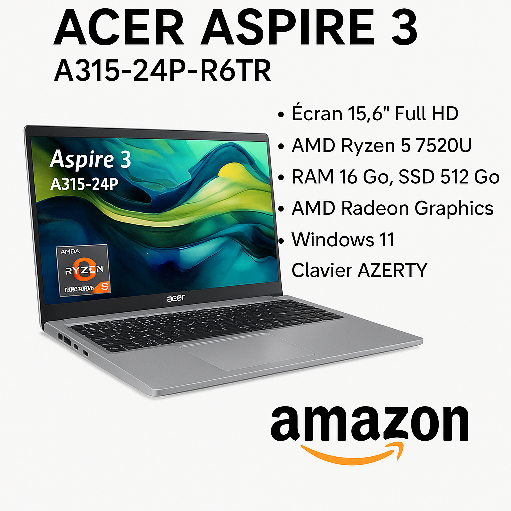 Image promotionnelle de l’Acer Aspire 3 A315-24P-R6TR, un ordinateur portable 15,6" Full HD équipé d’un processeur AMD Ryzen 5 7520U, 16 Go de RAM, 512 Go SSD, Windows 11 et clavier AZERTY, disponible sur Amazon.