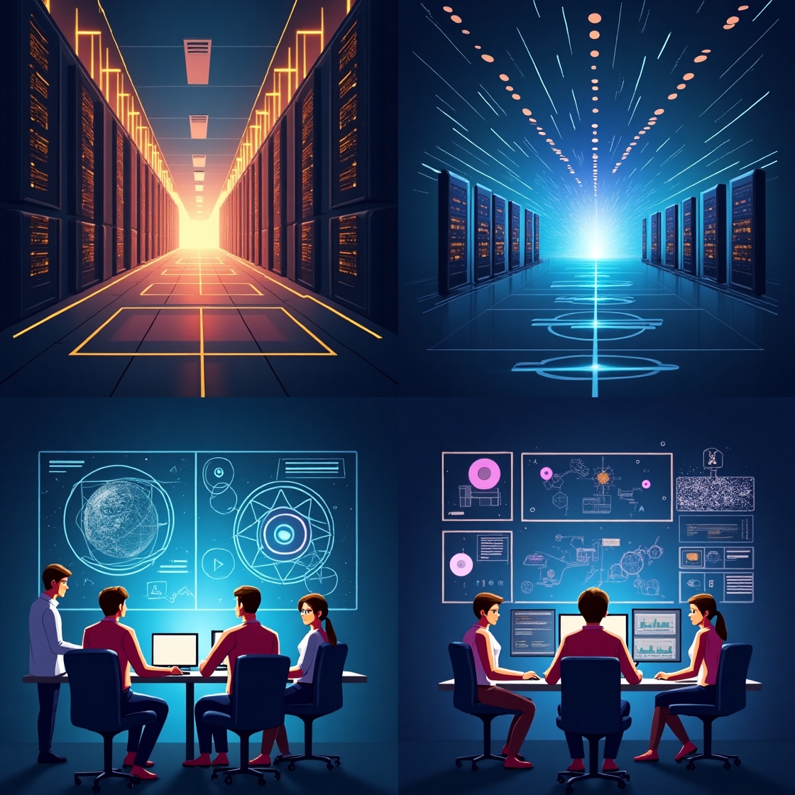 Illustration d'un environnement de serveur futuriste et d'une équipe collaborative en analyse de données.