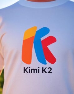 Illustration aquarelle du logo Kimi K2, une IA open-source, avec des nuances de bleu et vert symbolisant l’innovation technologique, entouré de motifs abstraits évoquant l’intelligence artificielle et la culture chinoise