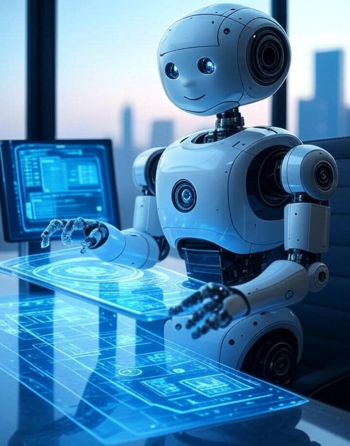 Robot IA configurant n8n automatisation IA sur une table holographique