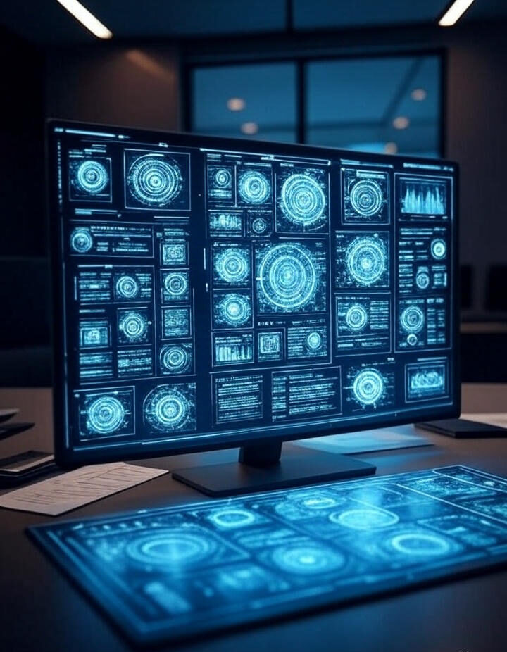 Tableau de bord futuriste pour n8n automatisation IA avec graphiques néon