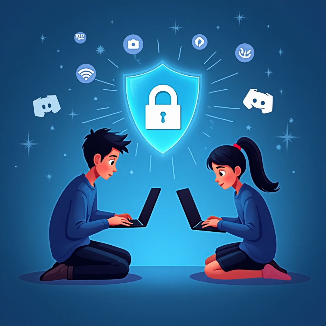 deux adolescents protégés par un bouclier numérique avec discord, roblox, vpn et antivirus