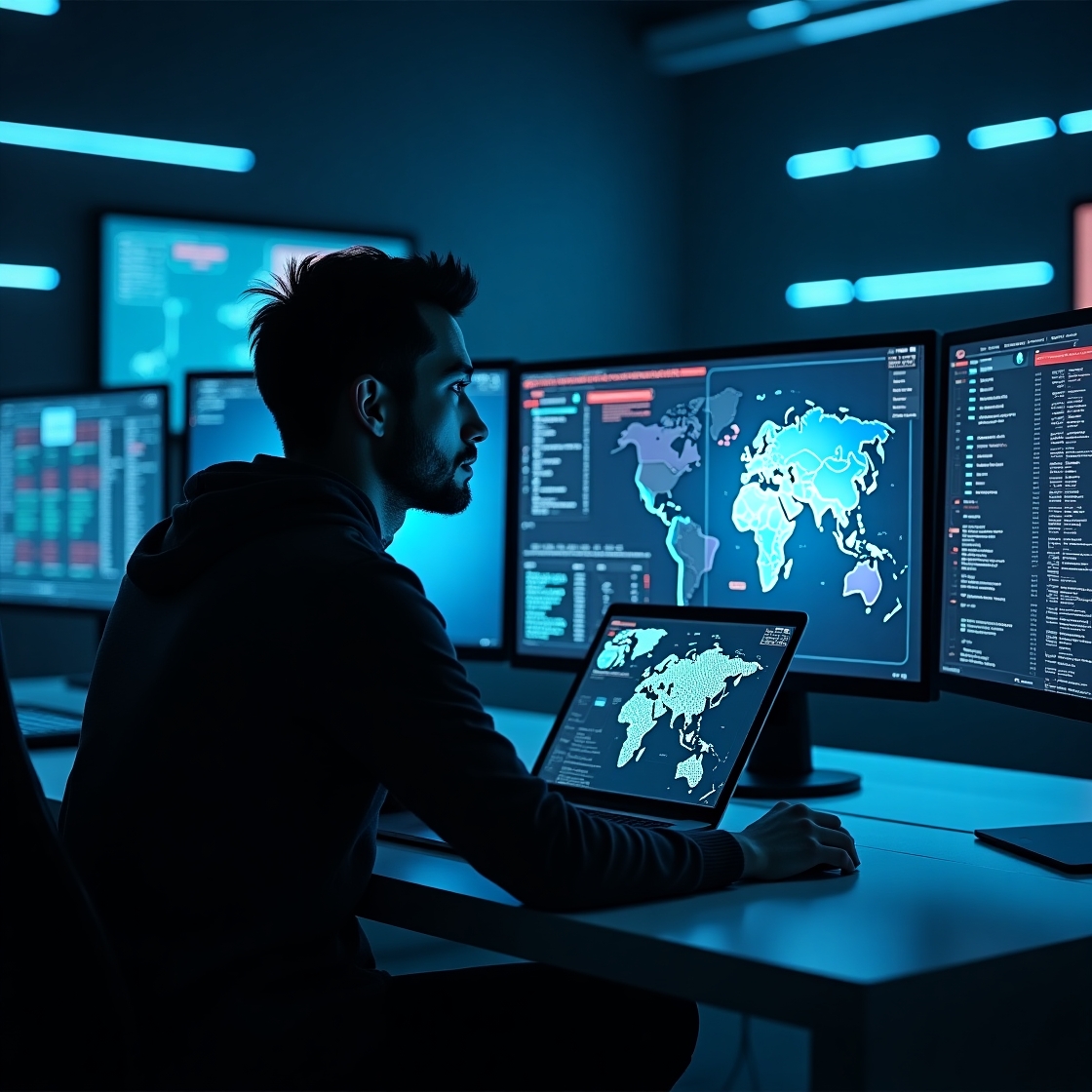 jeune expert cybersécurité surveillant une interface IA futuriste avec flux de données et cyberattaques en temps réel