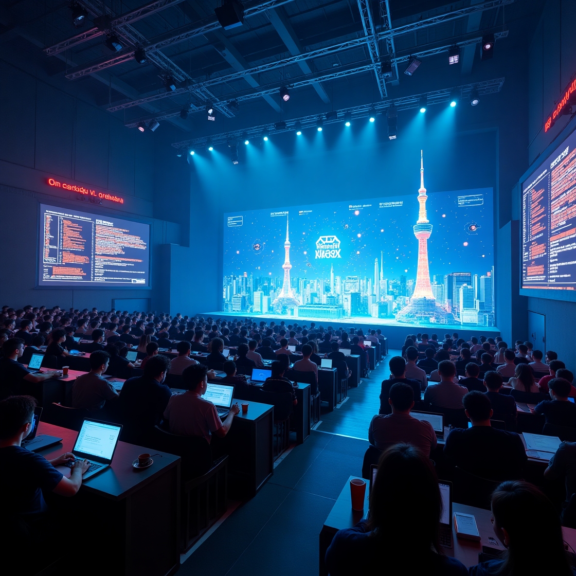 jeunes programmeurs internationaux concentres dans un amphitheatre moderne a tokyo, ecrans geants affichant du code et graphiques d’ia, eclairage bleu-violet, silhouette de la tour tokyo skytree en arriere-plan