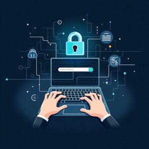 illustration d’une main créant un mot de passe incassable sur un clavier sécurisé, avec des symboles de cybersécurité