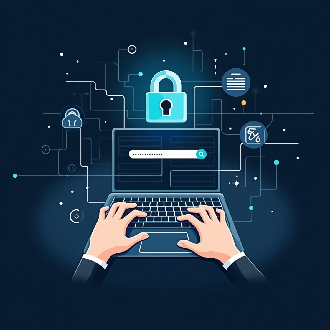 illustration d’une main créant un mot de passe incassable sur un clavier sécurisé, avec des symboles de cybersécurité