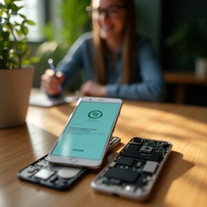 smartphone fairphone 5 vu de dos, posé sur une table en bois clair