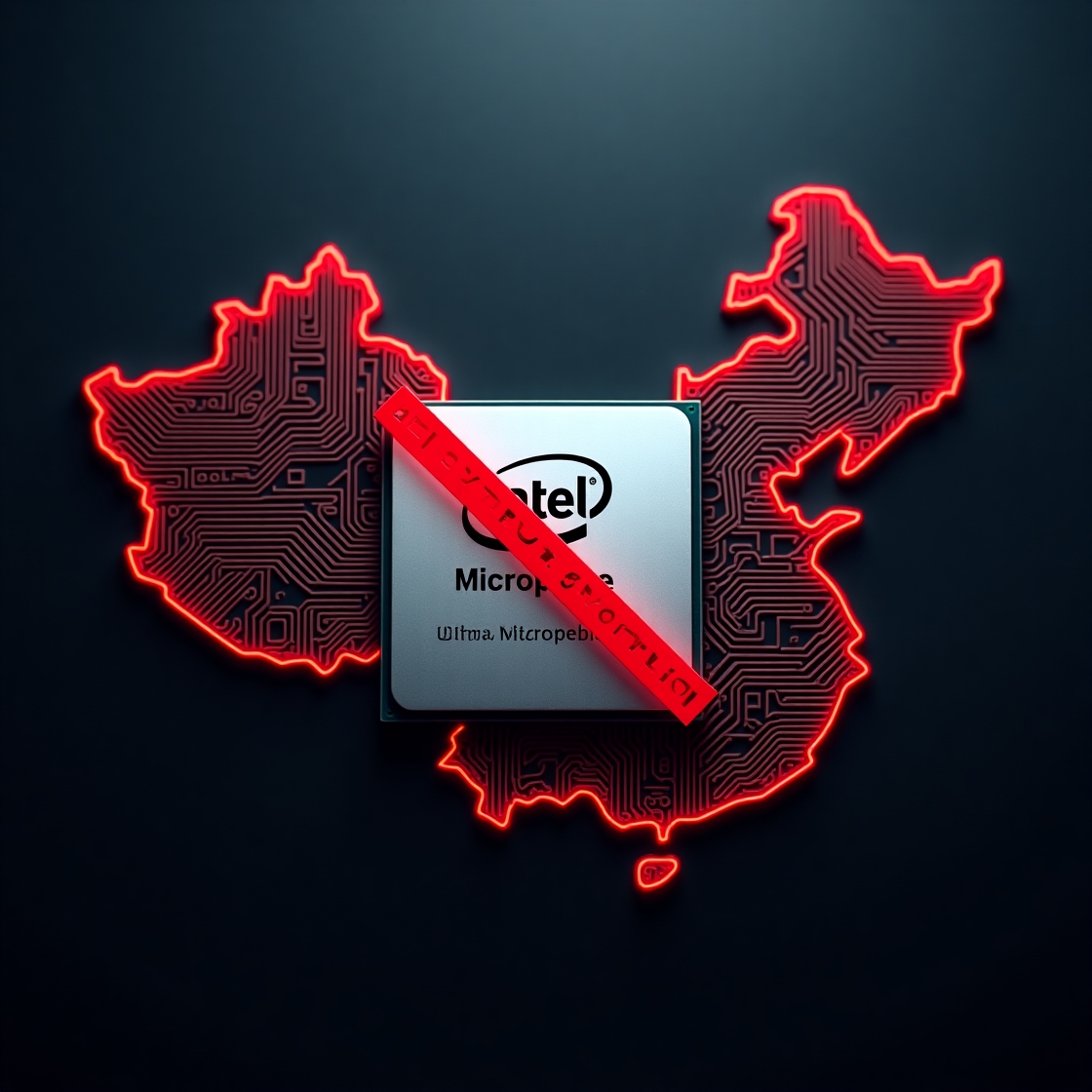 carte de la chine avec une puce intel barrée, symbole d’interdiction