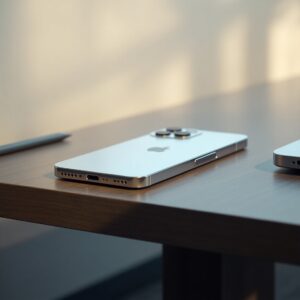 iphone 16 pro argenté sur un bureau en bois avec design épuré et éclairage réaliste