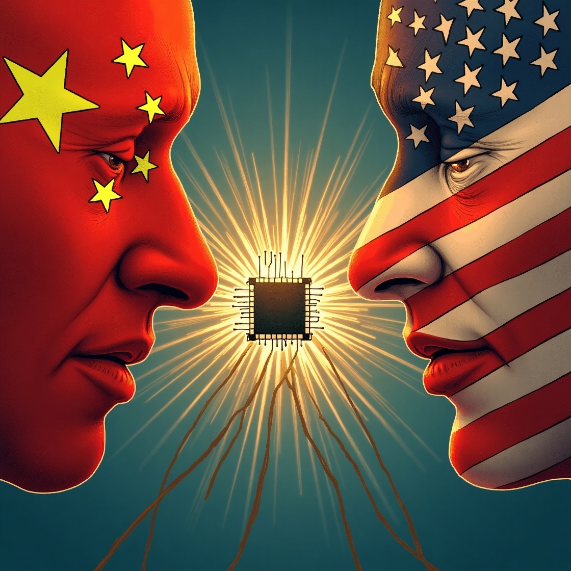 drapeaux de la chine et des états-unis séparés par une puce intel brisée