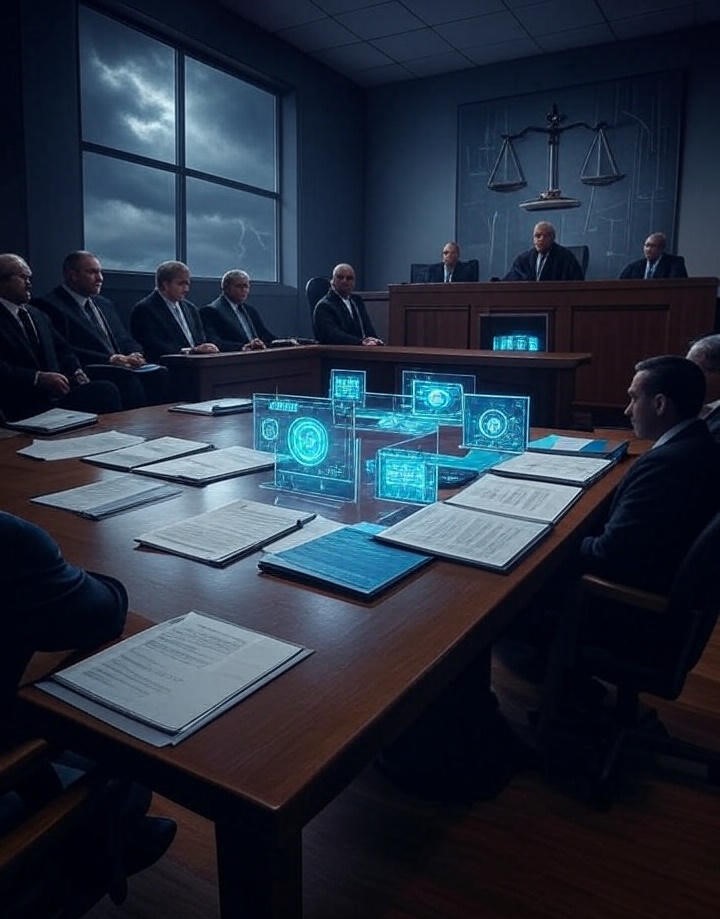 Holographic AI interfaces and legal documents on a courtroom table, highlighting the scandal ia and justice issues with Workday