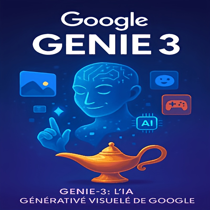 Un génie digital sort d’une lampe magique, illustrant l’IA Genie-3 de Google dans un décor futuriste.
