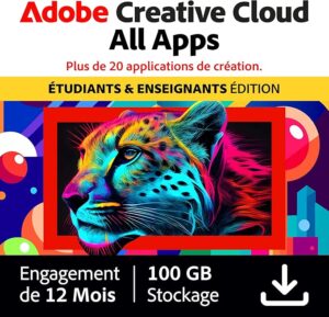Publicité Adobe Creative Cloud All Apps pour étudiants avec Nano Banana, léopard coloré, 100 Go stockage, lien affilié Amazon.fr
