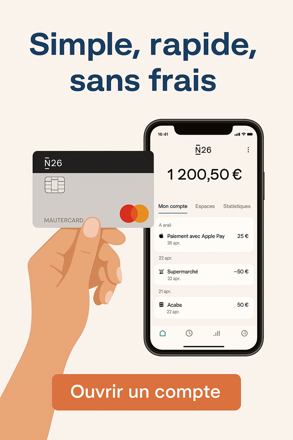 Carte N26 et téléphone affichant l’application bancaire, avec le titre « Présentation de cette banque allemande en ligne