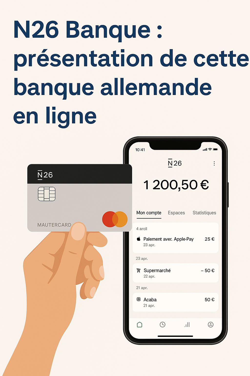 Main tenant une carte N26 devant un smartphone affichant l’application bancaire, avec le slogan « Simple, rapide, sans frais » et un bouton « Ouvrir un compte