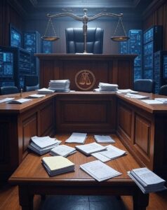 Tribunal avec balance de la justice et documents légaux, symbolisant le scandale ia et la discrimination par Workday