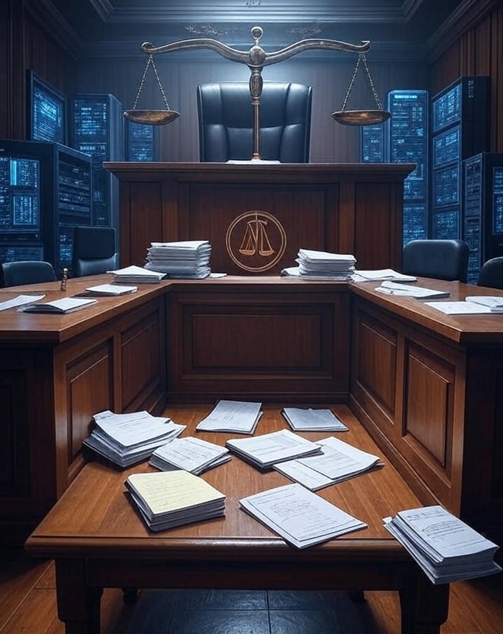 Tribunal avec balance de la justice et documents légaux, symbolisant le scandale ia et la discrimination par Workday