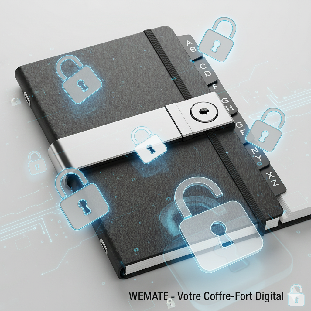 Un carnet de mots de passe 3D élégant et moderne avec un cadenas argenté, des onglets alphabétiques et des pages ouvertes pour les identifiants