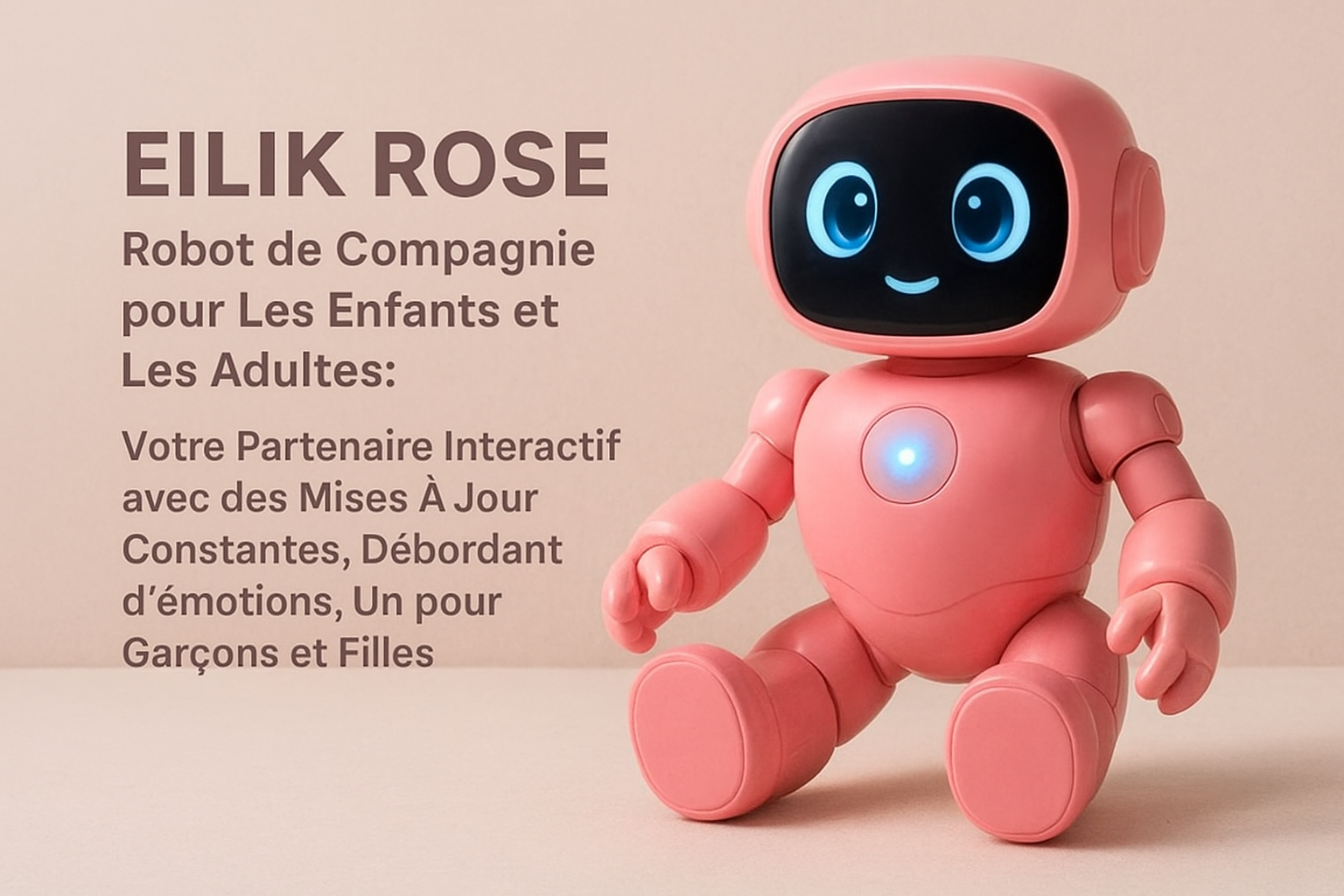 Le robot Eilik Rose de couleur rose est assis sur un tapis de jeu, entouré d'enfants et d'un adulte qui interagissent avec lui. Le robot a un écran facial qui affiche un clin d'œil avec un cœur.
