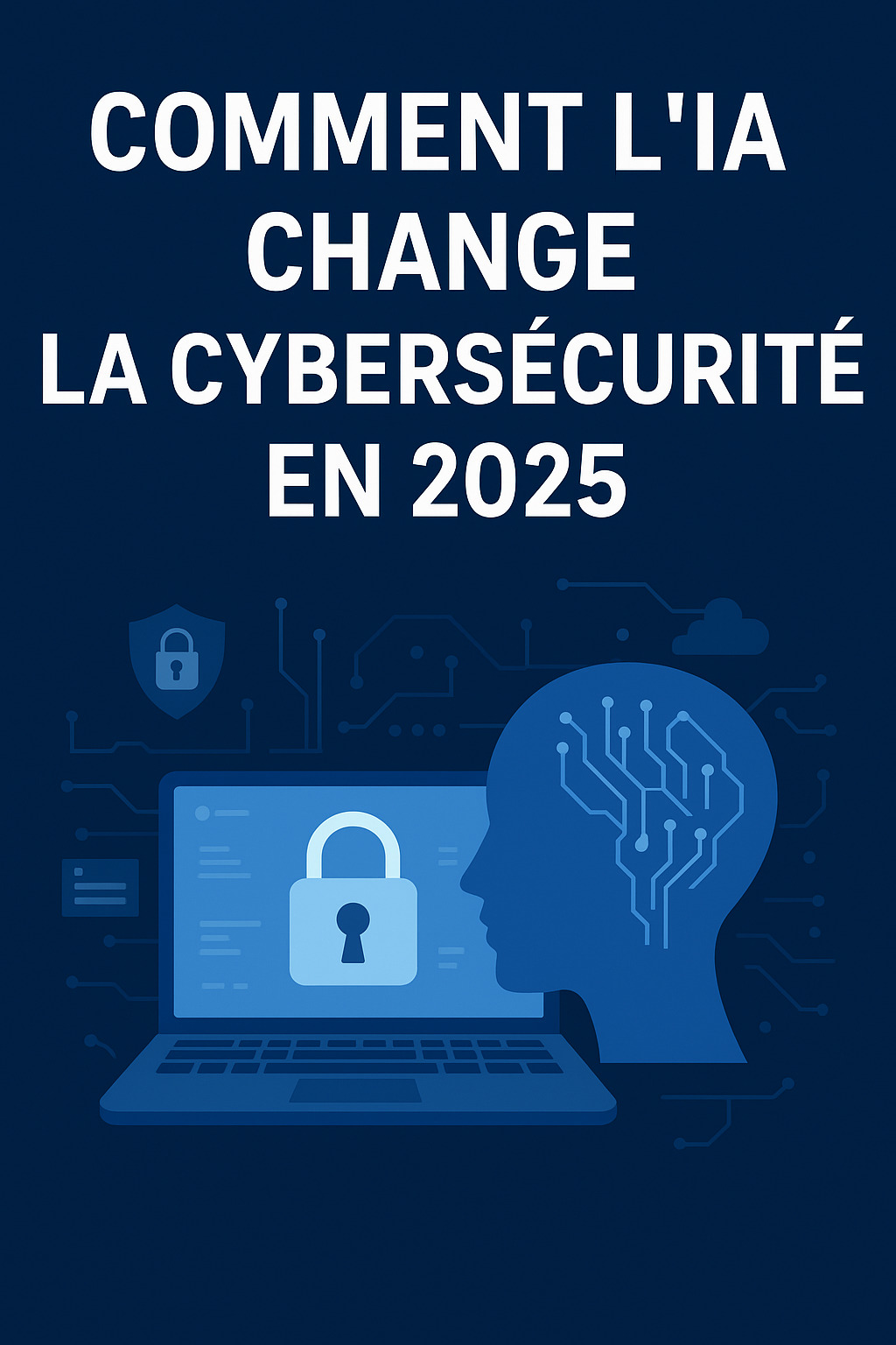 Illustration représentant l’impact de l’intelligence artificielle sur la cybersécurité en 2025, avec un cadenas numérique, un ordinateur et un profil humain connecté aux réseaux.