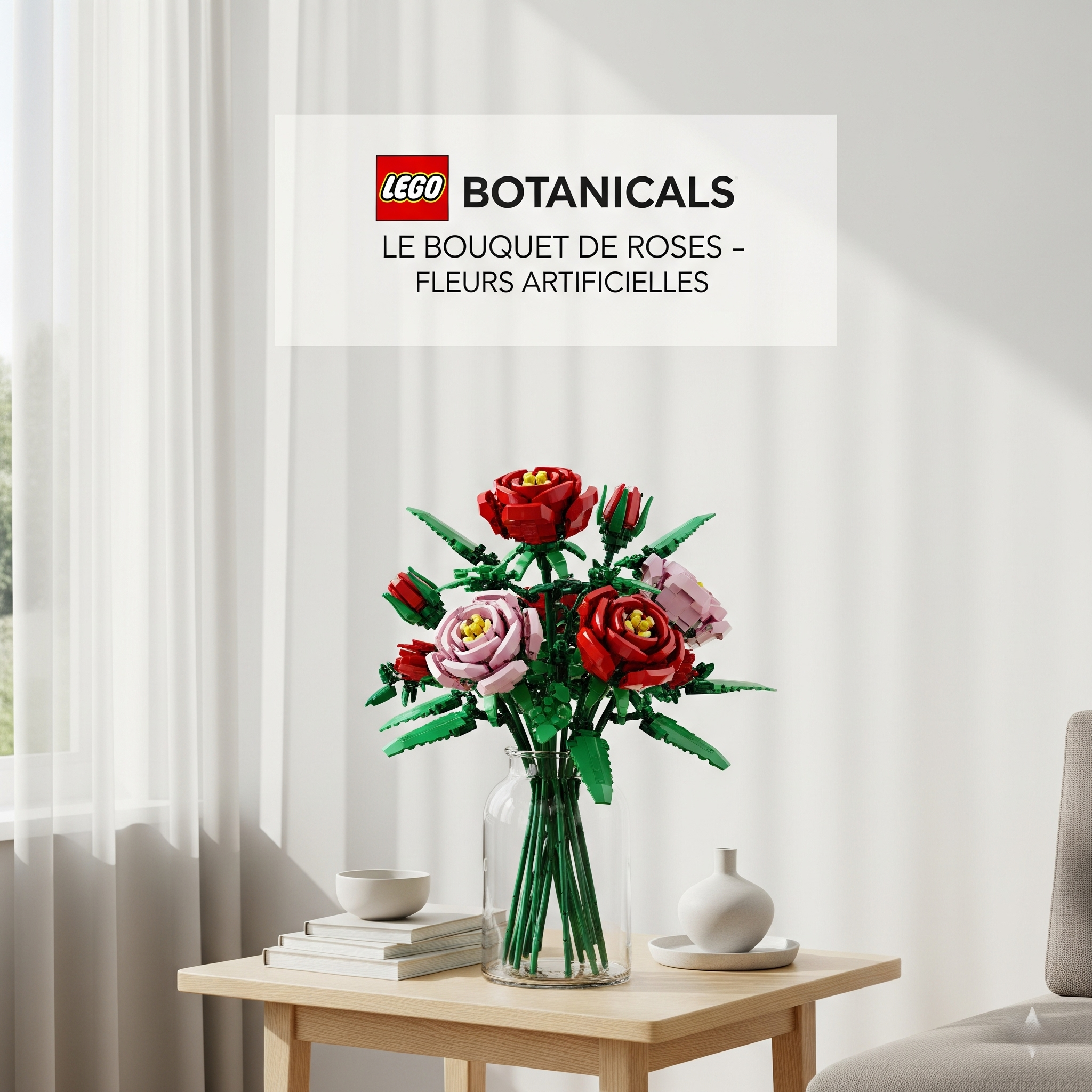 Voici les textes pour l'image du bouquet de roses LEGO.

Titre de l'image
LEGO Botanicals Le Bouquet de Roses - Fleurs Artificielles

Texte Alternatif
Image publicitaire 3D d'un bouquet de roses LEGO. Les roses, de couleur rouge et rose, sont arrangées dans un vase en verre transparent sur une petite table en bois dans un intérieur moderne et lumineux