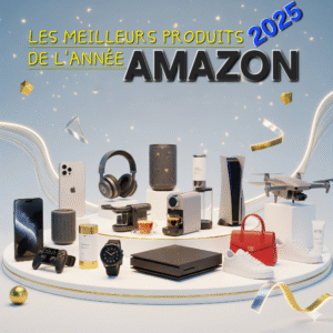 Montage visuel montrant les 10 produits phares Amazon 2025 : Apple AirPods Pro, Kindle Scribe, Garmin Forerunner 265, Samsung Galaxy Tab S9, De’Longhi Magnifica Evo, Sony WH-1000XM5, Philips Wake-Up Light, LEGO Bouquet de fleurs, Moulinex Cookeo Touch et Lenovo Tab P11