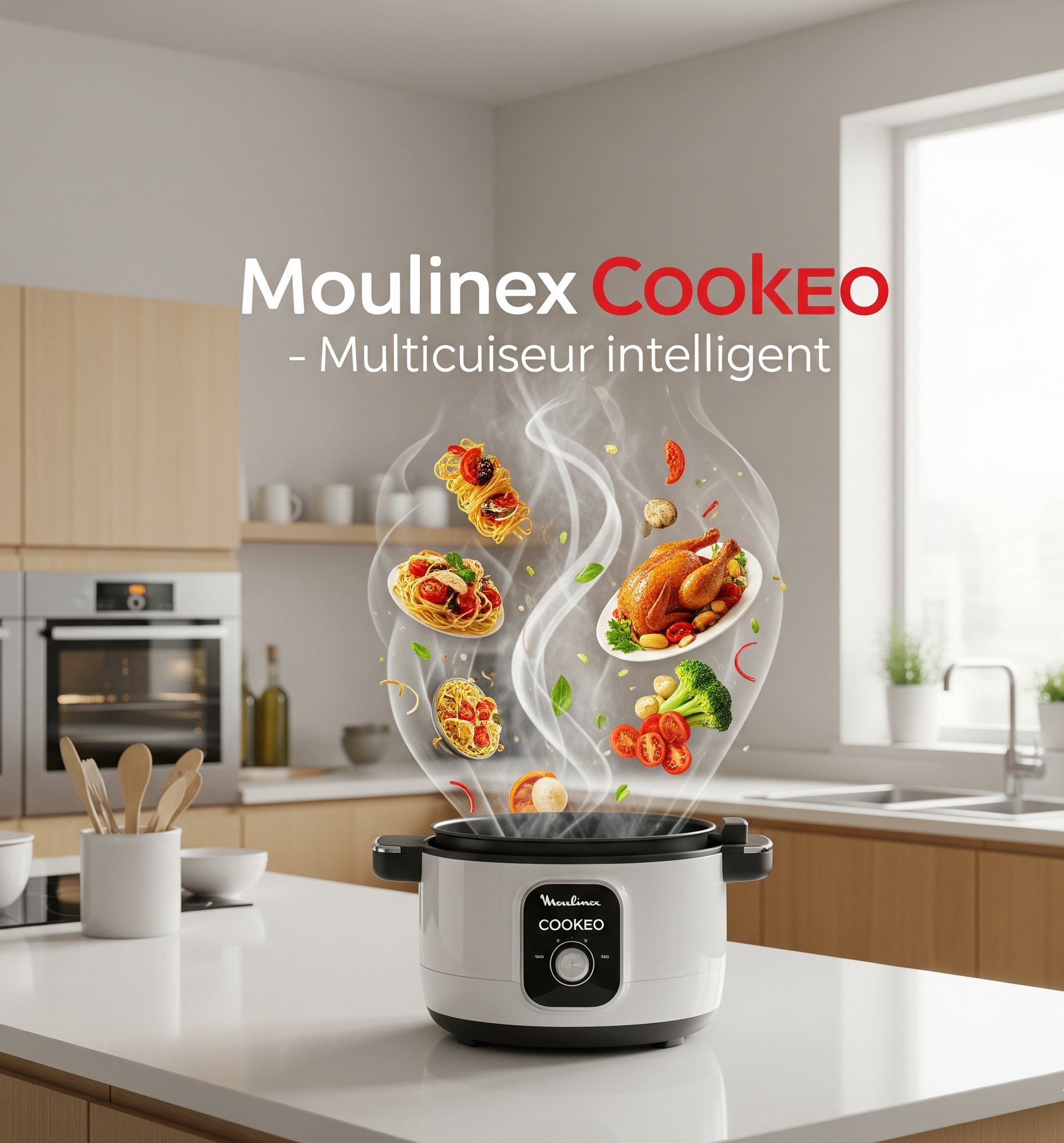 Un multicuiseur Moulinex Cookeo bianco posizionato su un'isola da cucina. Del vapore si solleva dalla pentola, trasformandosi in vari alimenti, come piatti di pasta, un pollo arrosto e verdure