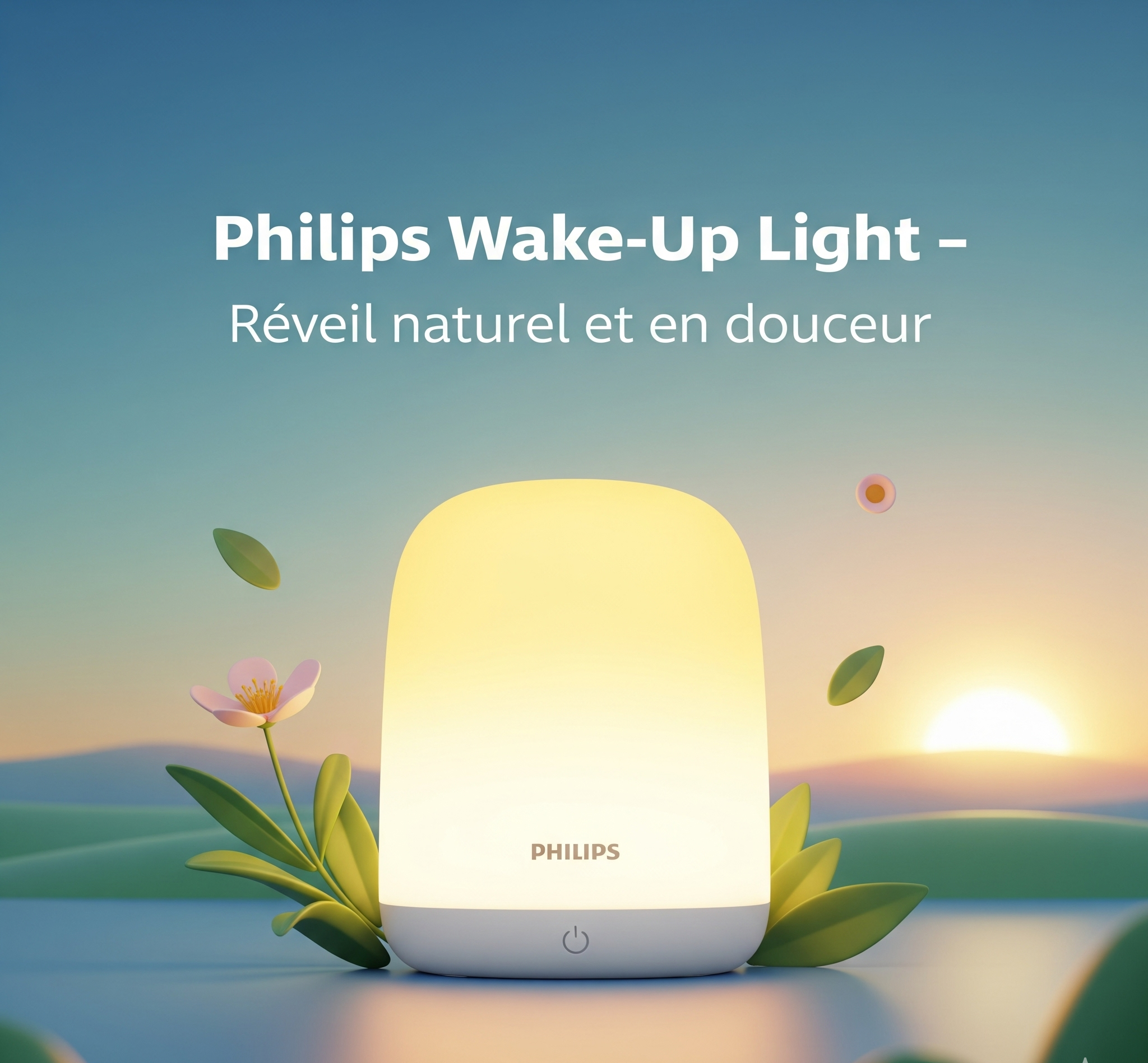 Image publicitaire 3D d'une lampe de réveil Philips Wake-Up Light. La lampe émet une lumière jaune et chaude, entourée de feuilles et de fleurs stylisées