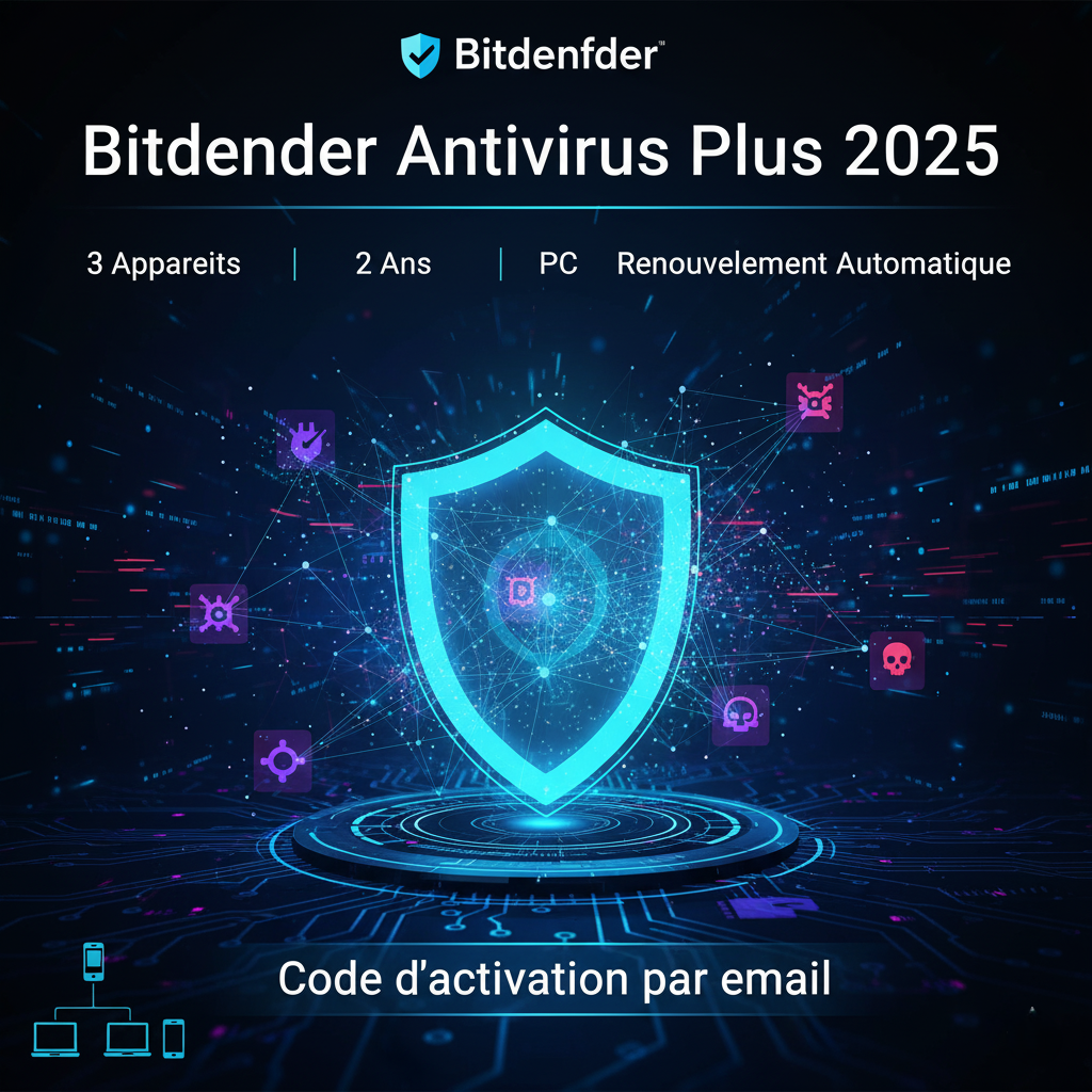 Une image publicitaire dynamique pour Bitdefender Antivirus Plus 2025. Le visuel montre un bouclier numérique lumineux qui protège un ordinateur, une tablette et un smartphone. Des lignes de code et des icônes de menaces (virus, logiciels malveillants) sont repoussées par la barrière du bouclier. Le logo Bitdefender est mis en évidence en haut, avec le texte "Bitdefender Antivirus Plus 2025" et les spécifications du produit : "3 Appareils | 2 Ans | PC". Les couleurs dominantes sont le bleu électrique et le vert pour symboliser la sécurité, contrastant avec des touches de rouge pour les menaces.