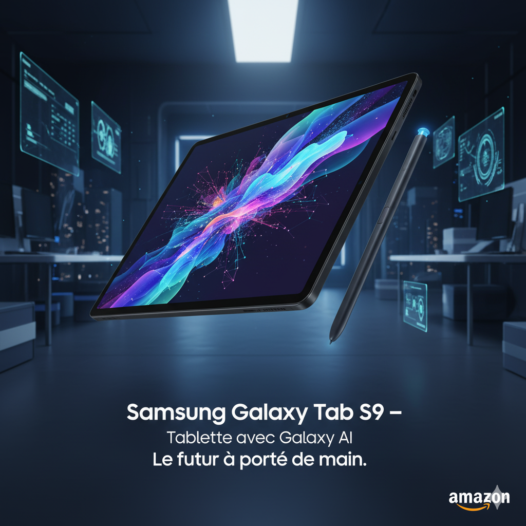 Image publicitaire 3D présentant la tablette Samsung Galaxy Tab S9 anthracite avec le S Pen, flottant dans un environnement futuriste avec des interfaces numériques bleues