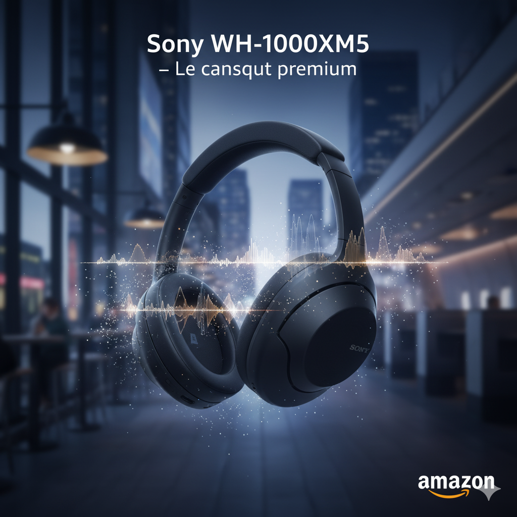 Image publicitaire en 3D du casque noir Sony WH-1000XM5, présenté sous un éclairage sophistiqué dans un environnement moderne