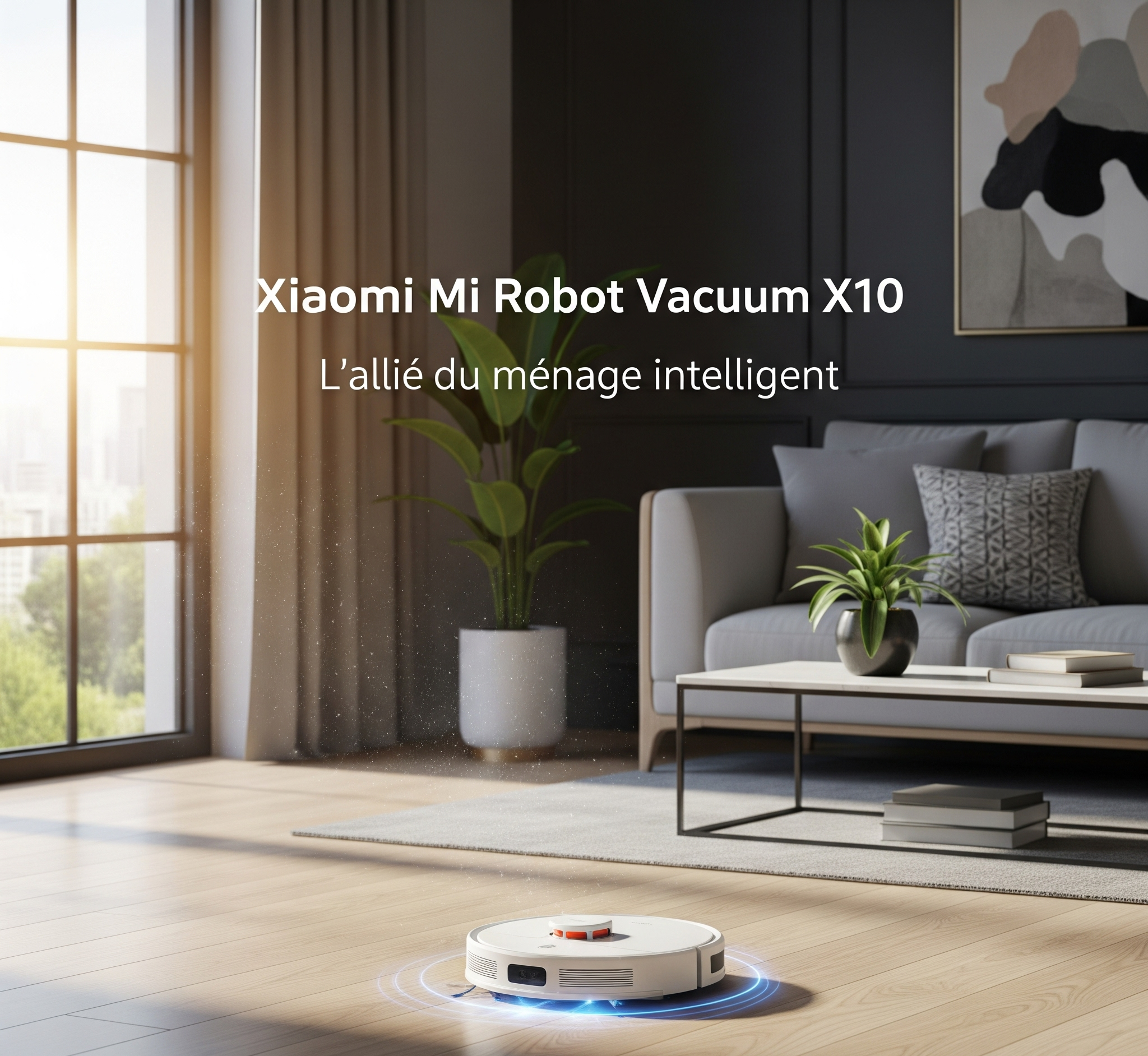 Un robot aspirateur Xiaomi Mi Robot Vacuum X10 de couleur blanche nettoie un parquet en bois dans un salon moderne et lumineux. On voit un canapé gris, une table basse et des plantes. Le titre "Xiaomi Mi Robot Vacuum X10" et le slogan "L’allié du ménage intelligent" sont affichés en blanc sur l'image
