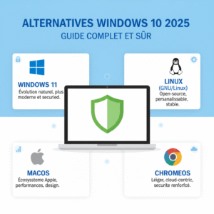 infographie en français montrant les alternatives windows 10 2025 : windows 11, linux, macos et chromeos, avec un ordinateur protégé par un bouclier