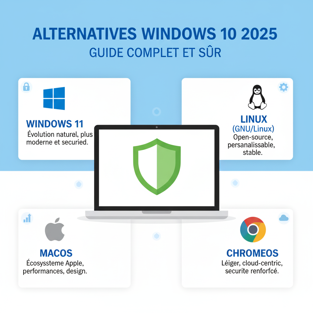 infographie en français montrant les alternatives windows 10 2025 : windows 11, linux, macos et chromeos, avec un ordinateur protégé par un bouclier