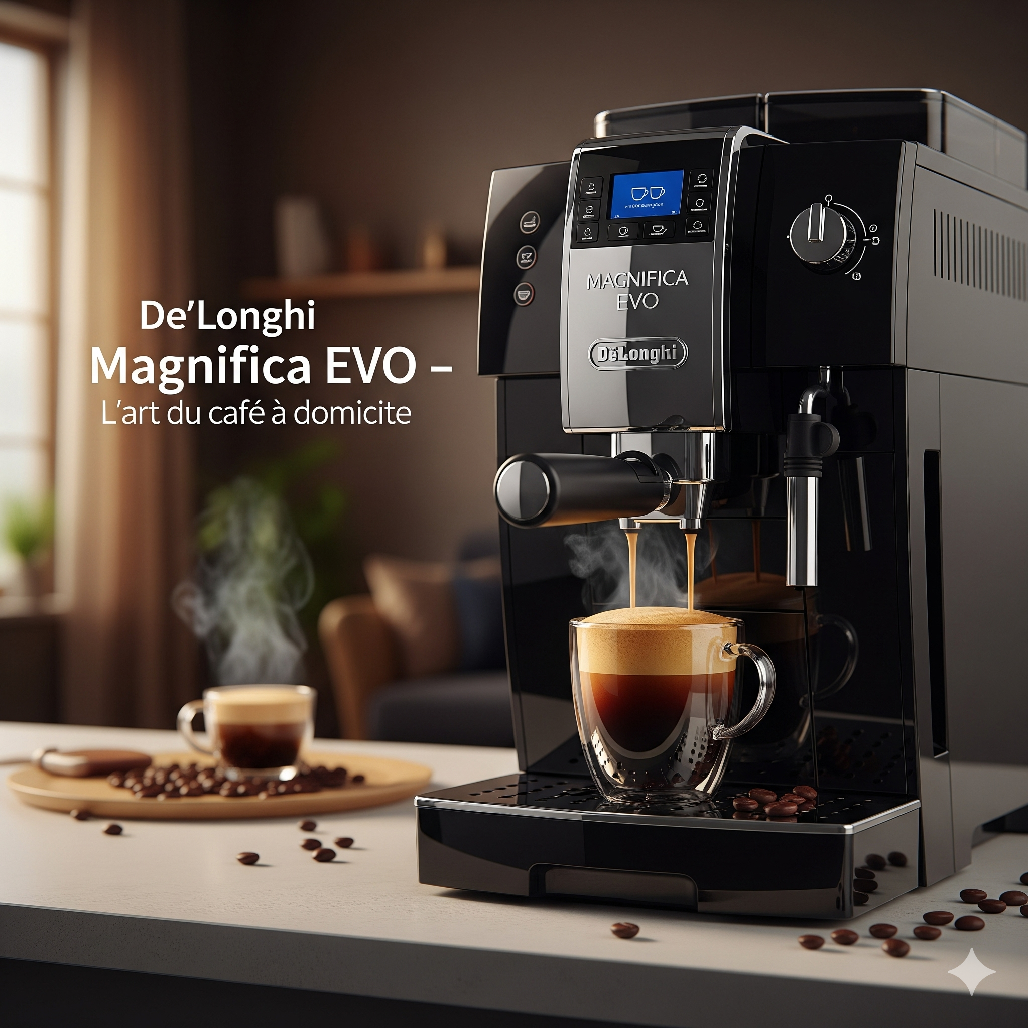 Une machine à café automatique noire De’Longhi Magnifica Evo prépare un café avec une riche crème dans une tasse en verre sur un comptoir de cuisine. Des grains de café frais sont dispersés autour de la base de la machine