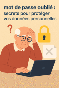 Infographie 3D des "7 secrets simples" pour la sécurité des données, avec un cadenas brisé au centre symbolisant les mots de passe faibles, entouré d'icônes représentant la gestion des mots de passe, la robustesse, les sauvegardes et la protection des informations.