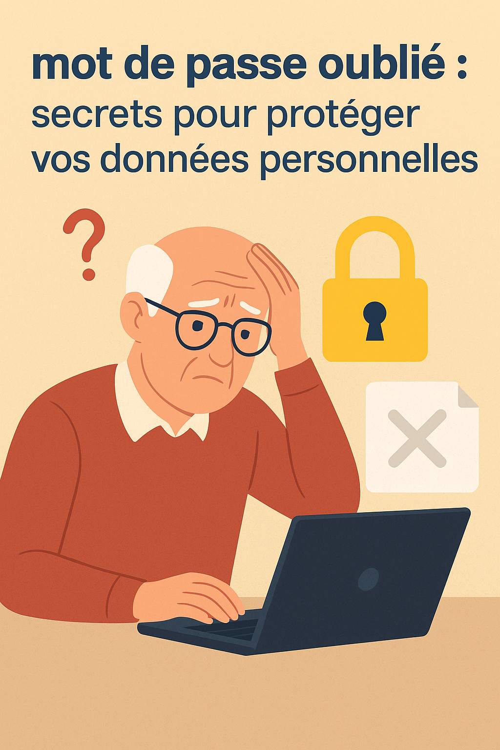 Infographie 3D des "7 secrets simples" pour la sécurité des données, avec un cadenas brisé au centre symbolisant les mots de passe faibles, entouré d'icônes représentant la gestion des mots de passe, la robustesse, les sauvegardes et la protection des informations.